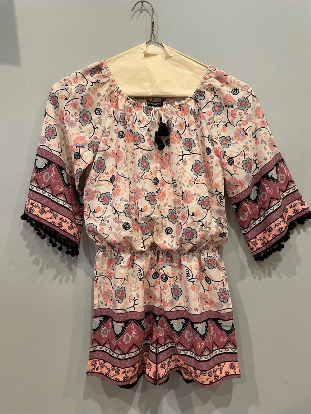 Boho Floral Pink Peasant Top Romper girls large